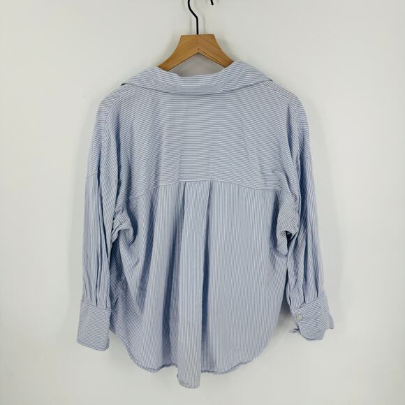 Zara Striped Button Down Shirt Blue White Cotton Relaxed Fit Collared Size L - Picture 2 of 7
